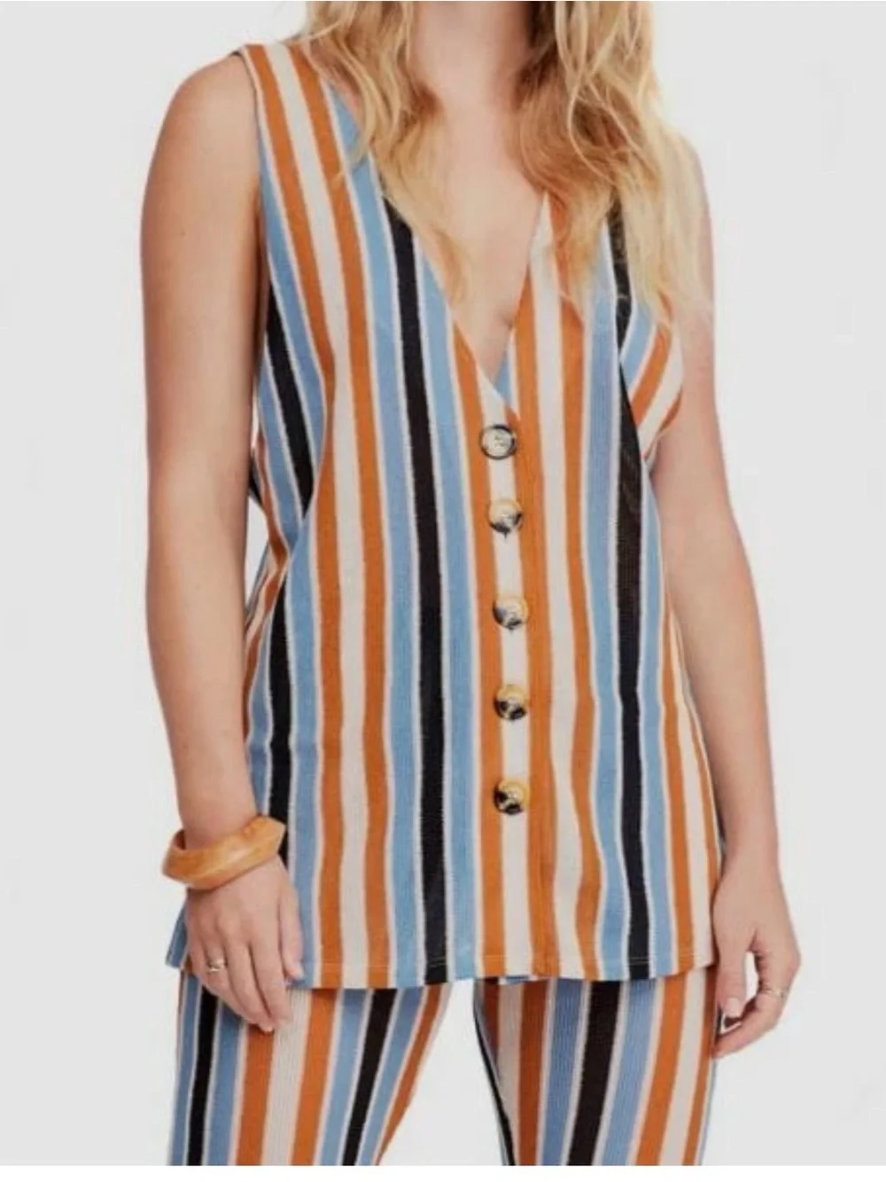 Striped V-Neck Button Front Tank and wide leg pants set in Blue and Tan